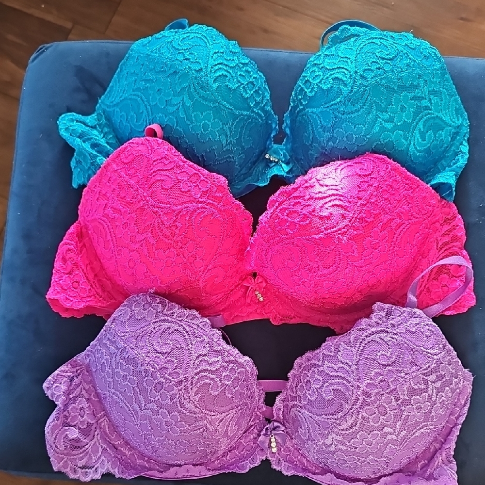 Smart & Sexy Lace Push-Up Bra Trio - Turquoise, Fuchsia, Lavender